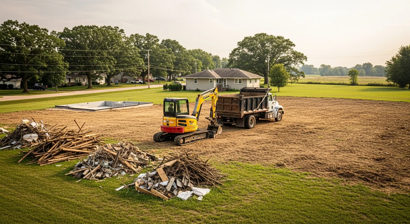Debris removal and demolition equipment clearing property