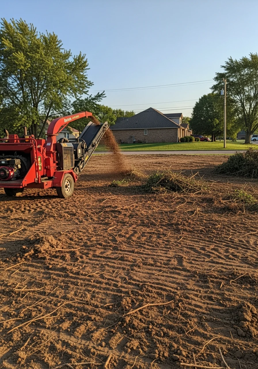 Service professional working on Ames property with university area in background.