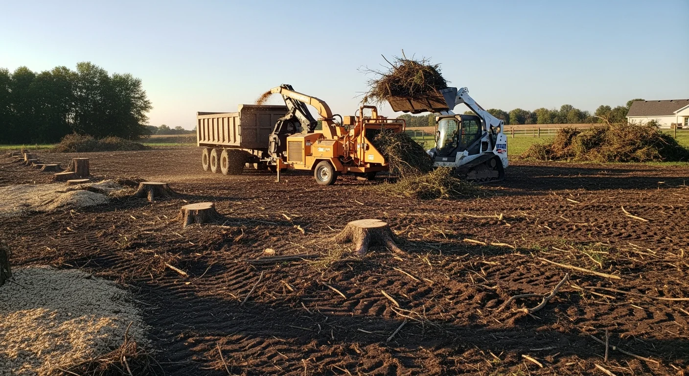 A cleared acreage in Clive, Iowa showing open ground after tree and brush removal, with cut stumps visible at the soil surface and usable land extending toward a treeline. Land Management Resources equipment staged at the edge of the cleared area.