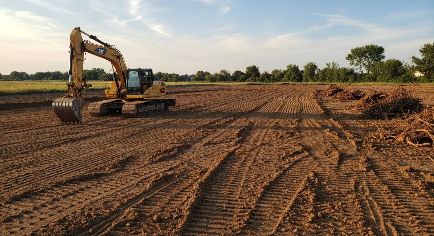 A cleared and rough-graded building lot in Clive, Iowa, with topsoil stockpiled along the edge and no remaining vegetation or stumps. The level surface is ready for foundation work, with Polk County clay soil visible across the prepared area.