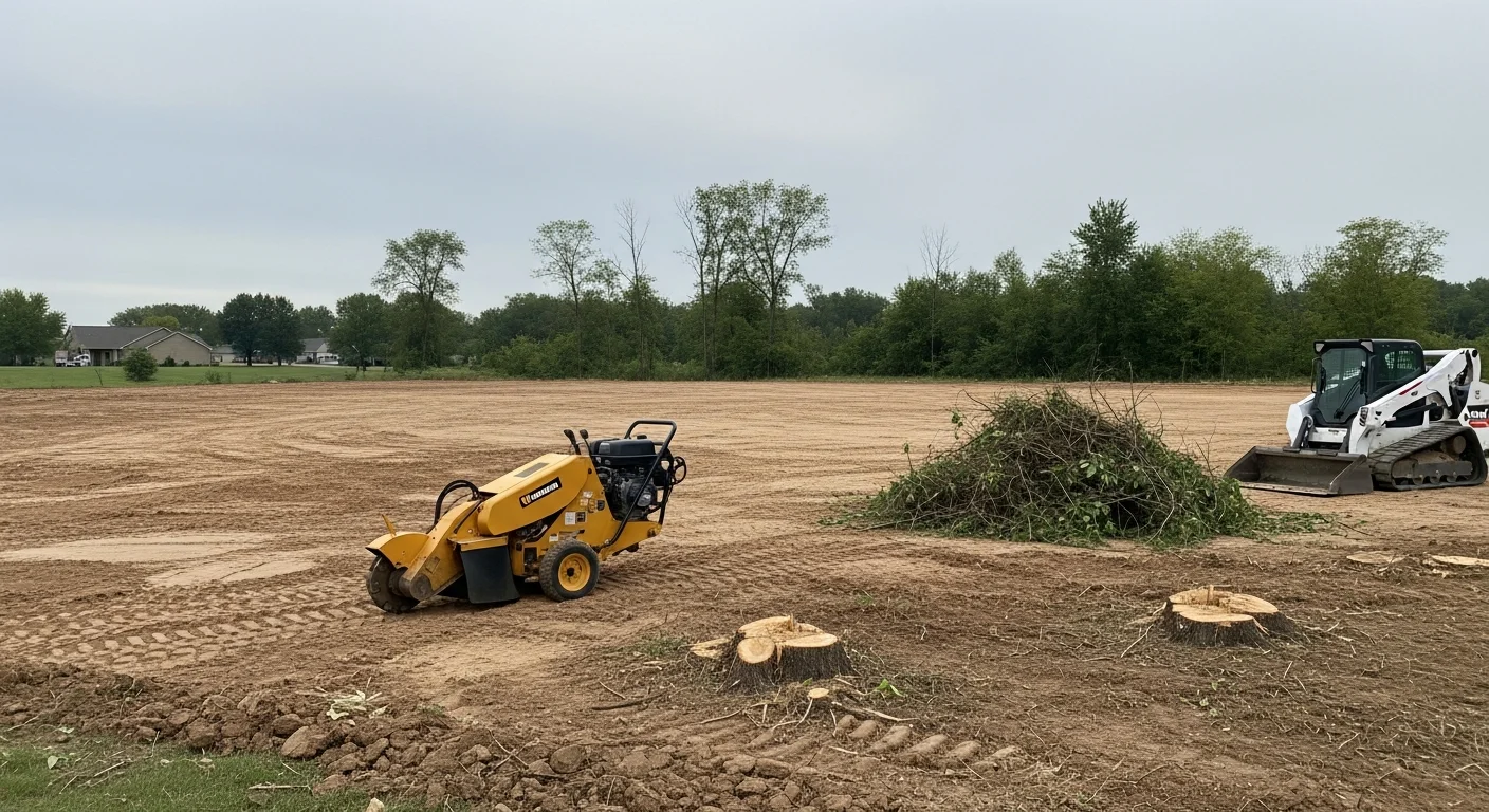 A commercial lot in Clive, Iowa after land clearing, showing bare level ground with tree stumps removed and debris cleared. The site is ready for foundation work on a new commercial development.