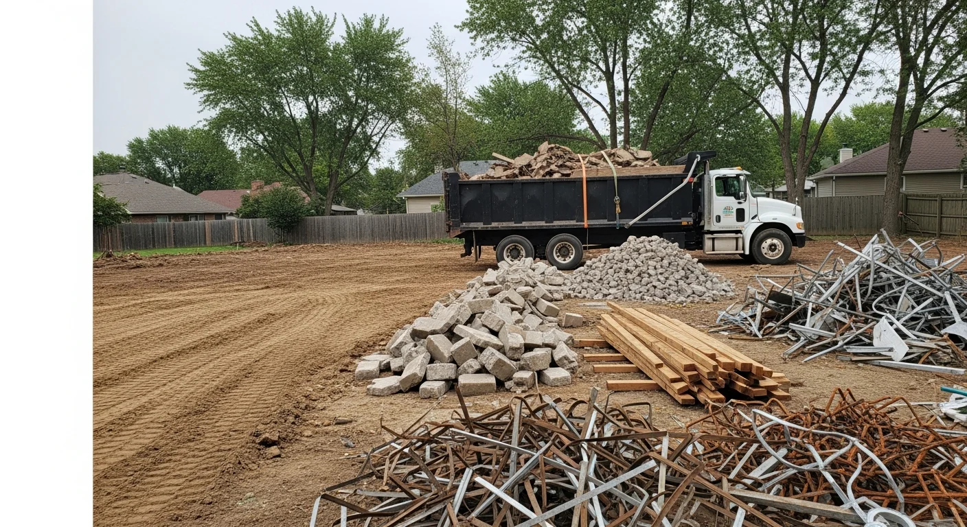 A cleared residential demolition site in Clive, Iowa with all concrete and wood debris removed, leaving a clean, level lot ready for grading. A Land Management Resources crew and haul truck are visible at the edge of the property.