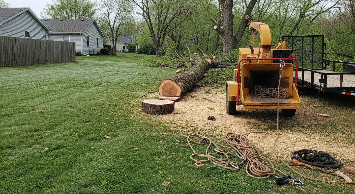 A large storm-damaged tree removed from a residential yard in Clive, Iowa, with cut trunk sections stacked near the curb and the home's roofline visible and undamaged in the background. A Land Management Resources crew member stands beside the cleared work area.