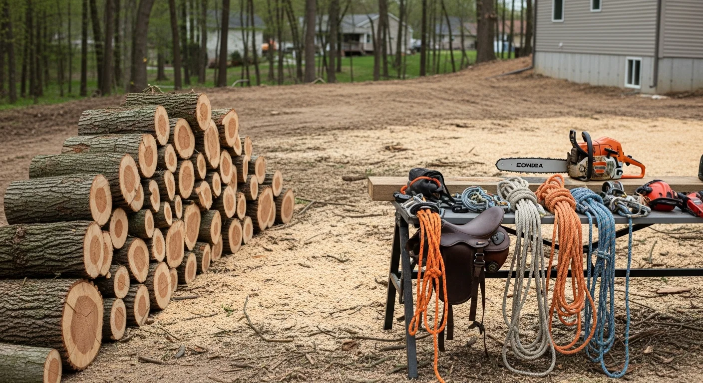 A large fallen tree lying across a residential backyard in Clive, Iowa, with the trunk sectioned and debris cleared away from a nearby wooden fence. A Land Management Resources crew works in a tight suburban lot with mature trees still standing in the background.