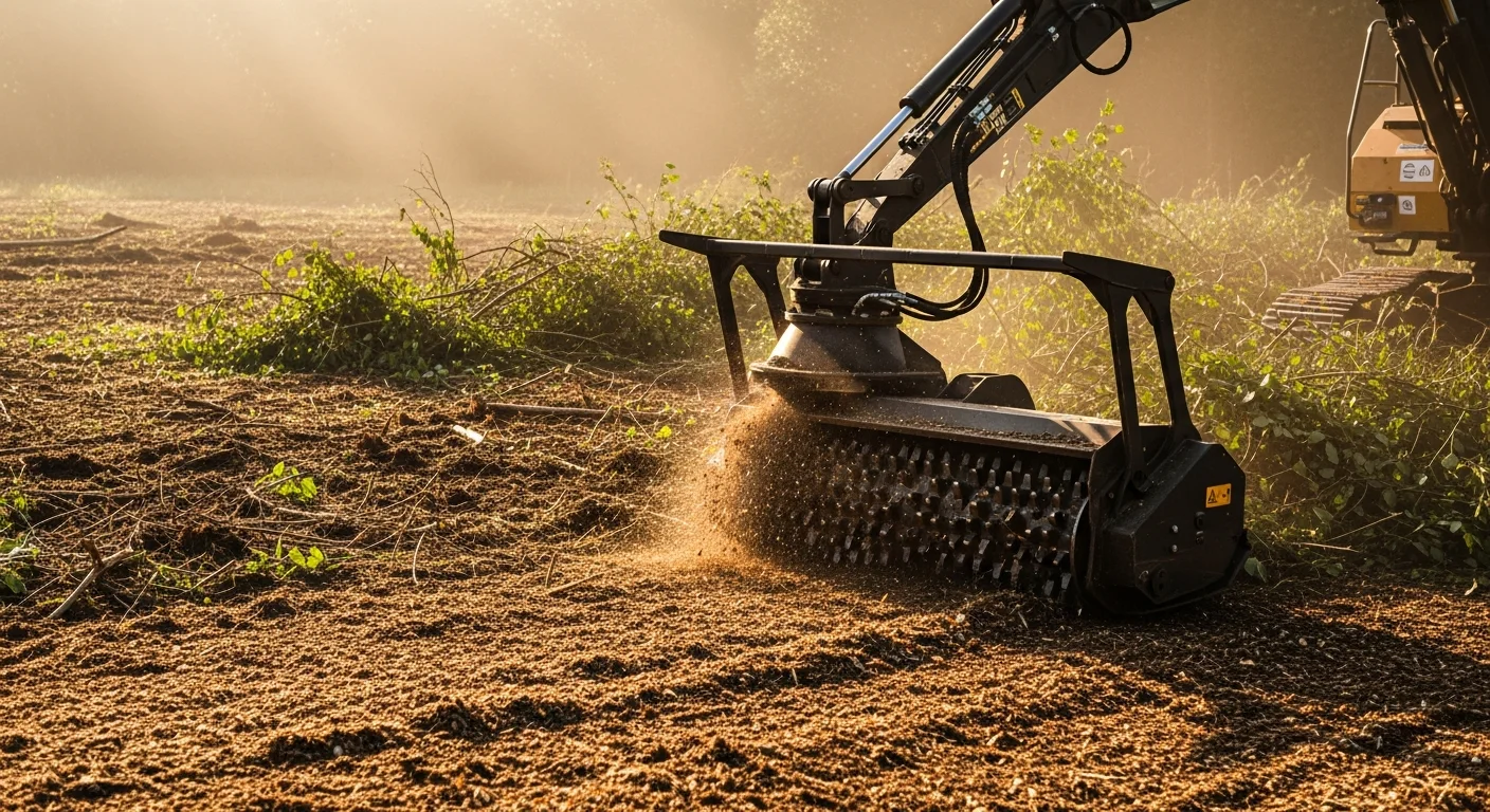 A forestry mulching machine clearing dense brush and invasive trees on a residential property in Clive, Iowa, leaving a clean ground-level mulch layer behind. The surrounding healthy trees remain standing and undisturbed.