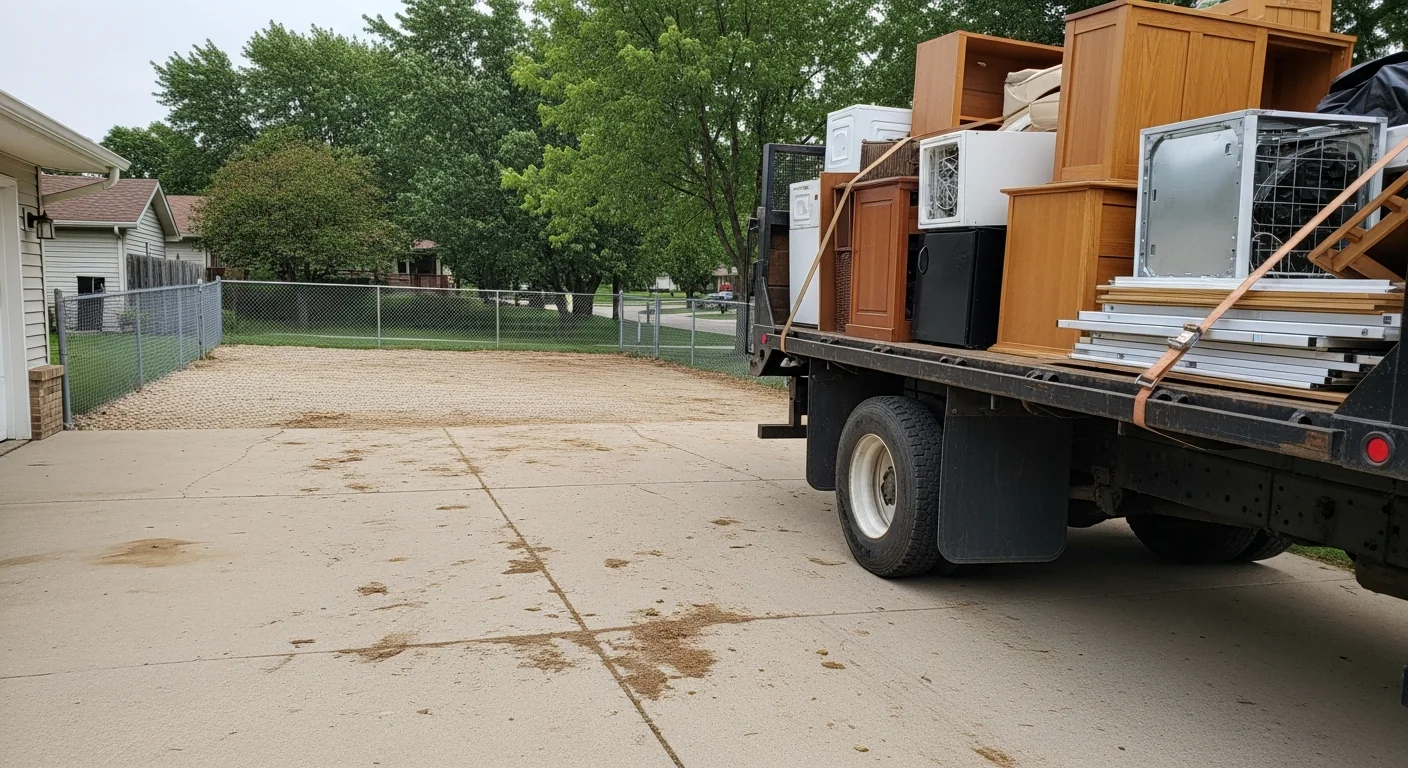 A cleared residential property in Clive, Iowa with a flatbed truck loaded with demolition debris and bulk junk ready for hauling. The yard and driveway are free of clutter after a full-service junk removal by Land Management Resources.