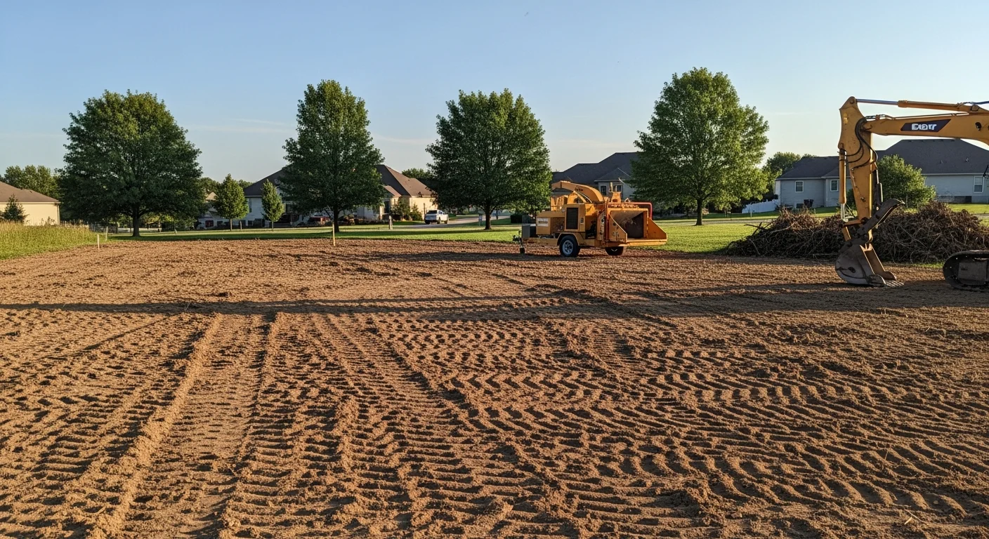 A cleared residential lot in Clive, Iowa with all trees, brush, and stumps removed, leaving a level ground surface ready for construction. A Land Management Resources crew and equipment are visible on the site.