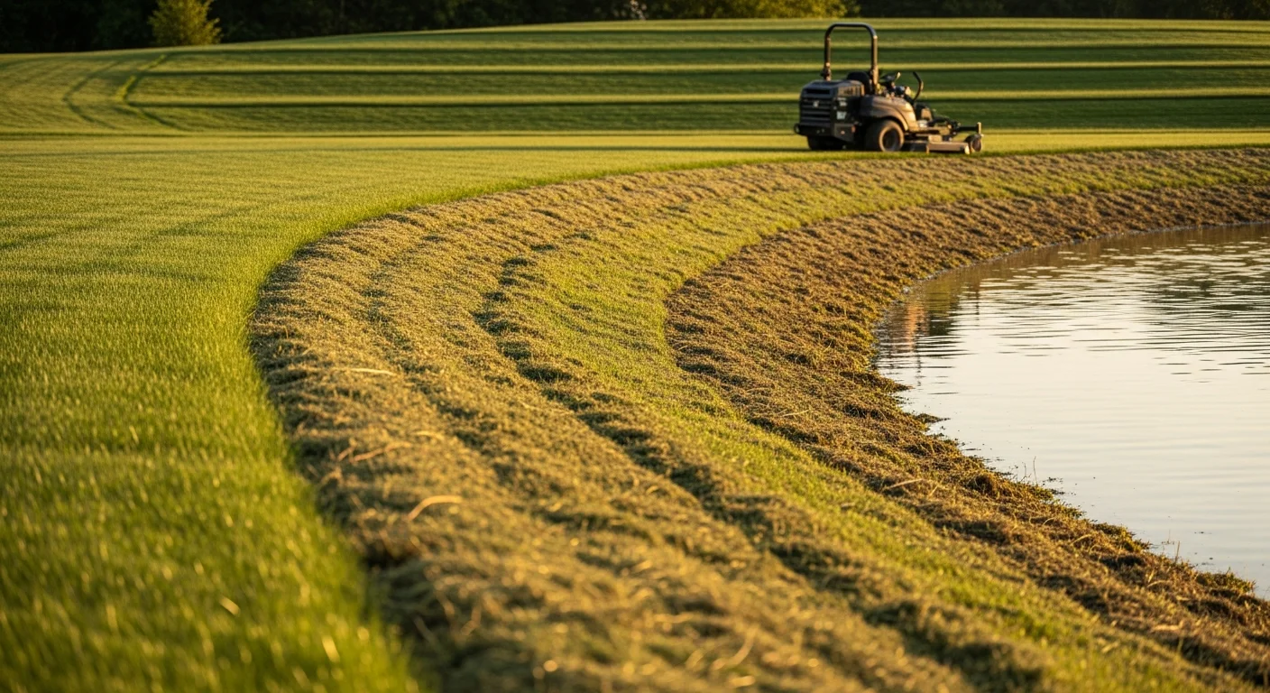 A neatly mowed pond bank with short, even grass along a sloped shoreline on a Clive, Iowa property. Specialized mowing equipment is visible on the steep grade near the water's edge.