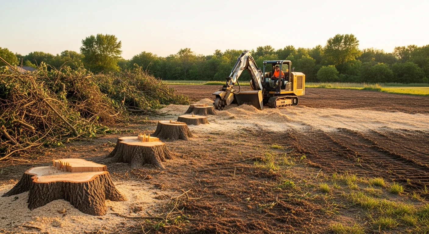 A cleared residential lot in Clive, Iowa with stumps ground down, brush removed, and rough grading completed across the open ground. A tree line remains at the rear property edge, showing the boundary between cleared and uncleared areas.