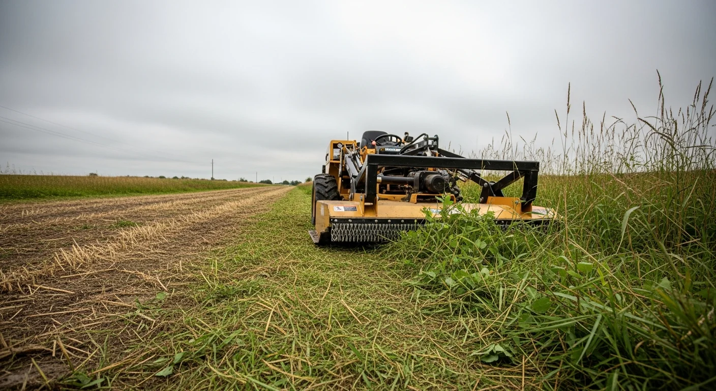 A commercial rough mowing machine cutting tall grass and dense weeds on an overgrown vacant lot in Clive, Iowa. The cleared area shows a sharp contrast between uncut brush and freshly mowed ground along a sloped property edge.