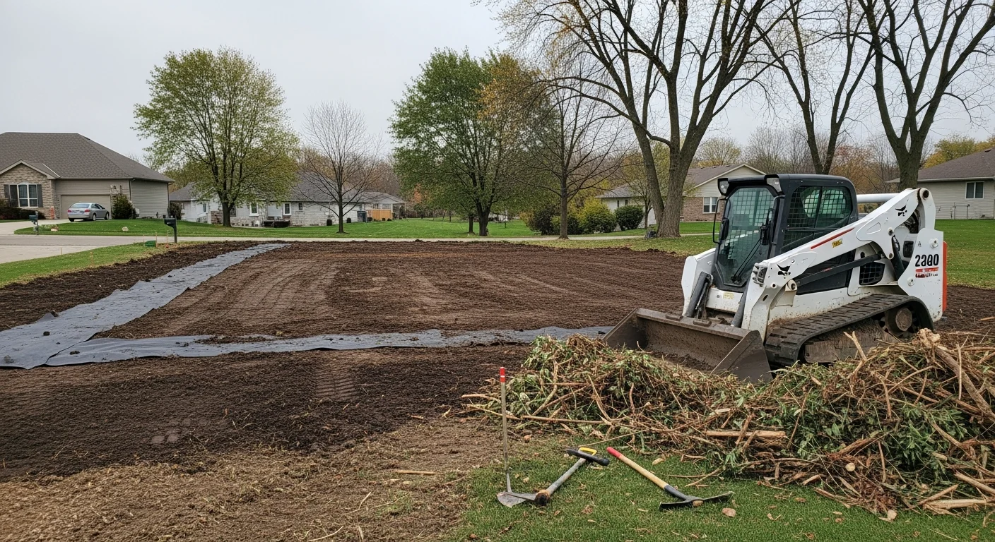 A cleared and stabilized parcel in Clive, Iowa after site restoration, showing bare ground free of debris and invasive vegetation ready for reseeding. A vegetation management crew from Land Management Resources works along the property edge removing overgrowth near a residential lot.