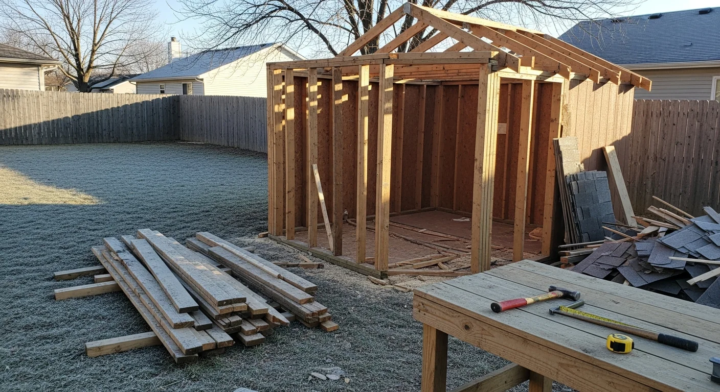A cleared residential backyard in Clive, Iowa after small structure demolition, showing a level dirt surface where a shed or outbuilding previously stood. Neighboring fencing and mature trees remain undisturbed along the property line.