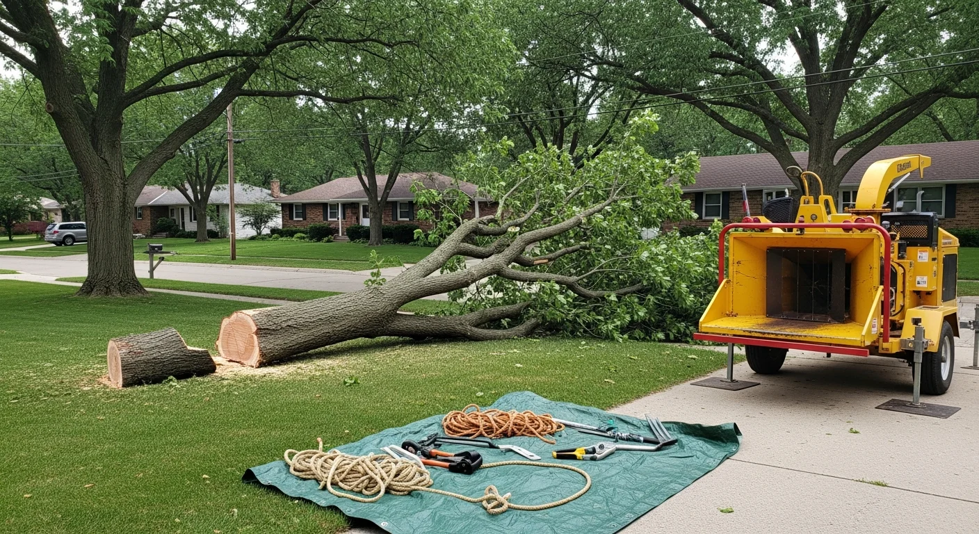 A Land Management Resources crew removing a large storm-damaged tree that has fallen across a residential yard in Clive, Iowa. Sections of the trunk are cut and staged near the curb while a worker clears broken limbs from the lawn.
