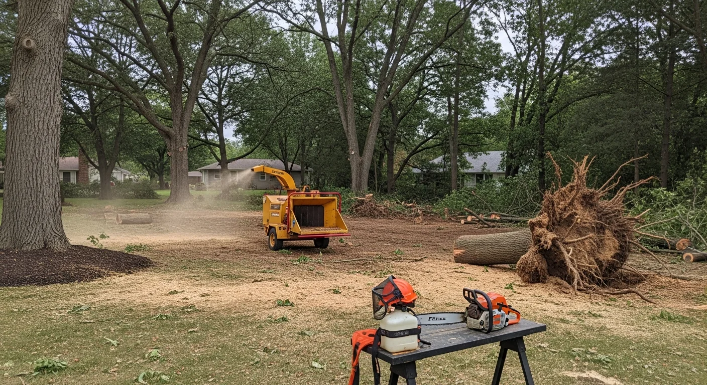 A Clive residential backyard after storm debris removal, showing a cleared lawn with no fallen limbs or broken branches remaining. A mature tree canopy is visible in the background, with the property fully accessible and clean.