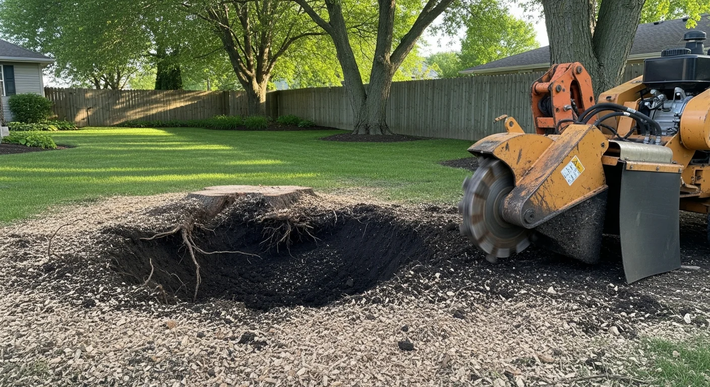 A freshly ground tree stump in a residential Clive, Iowa backyard, with wood chip mulch filling the cleared area and surrounding lawn visible. The site is level and free of visible roots or stump debris.
