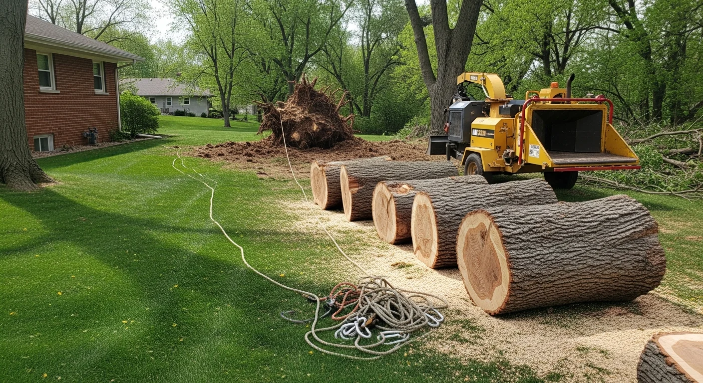 A large dead tree being removed in sections in a residential Clive, Iowa backyard, with a crew working around an adjacent fence line. The surrounding lawn and landscaping remain intact during the removal process.