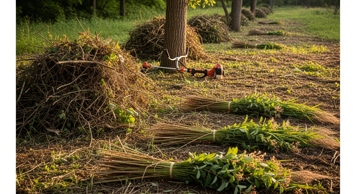 A cleared and managed property in Clive, Iowa showing removed brush and controlled ground cover along a drainage corridor. A Land Management Resources crew works to cut back invasive vegetation near a residential lot edge.